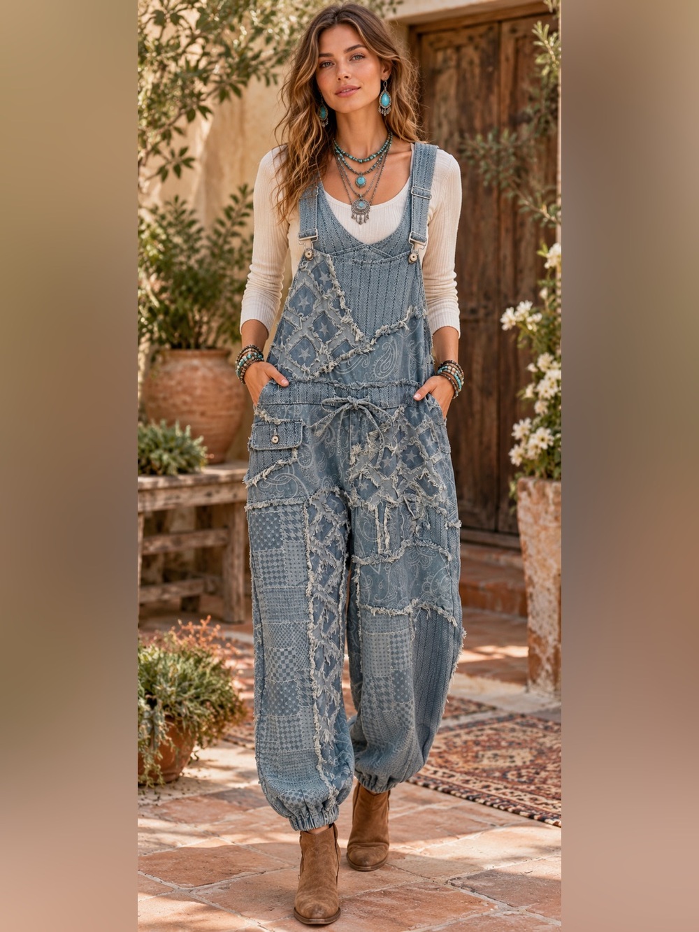H280 New POL L w21 Blue Patchwork Distressed Denim Overalls w/ drawstring